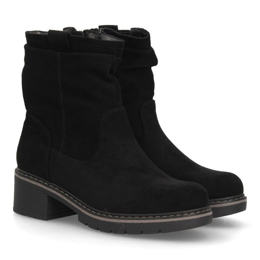 Botines de mujer con acabado efecto ante y diseño de caña fruncida.
