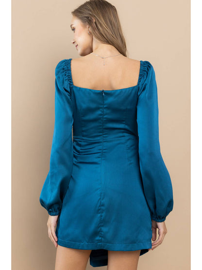 Vestido Mini Envolvente Fruncido de Satén Verde Azulado