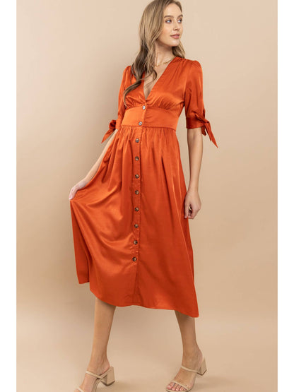 Vestido midi con botones delanteros y mangas con lazo