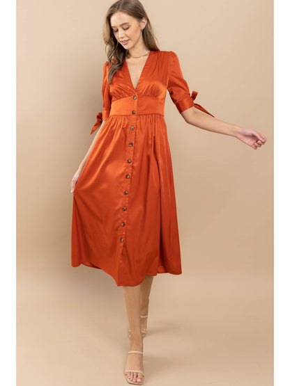 Vestido midi con botones delanteros y mangas con lazo