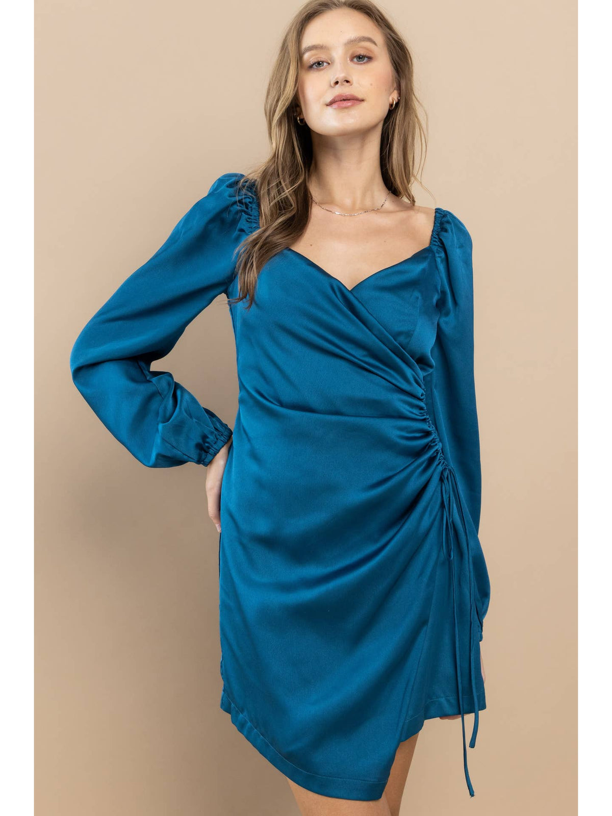 Vestido Mini Envolvente Fruncido de Satén Verde Azulado