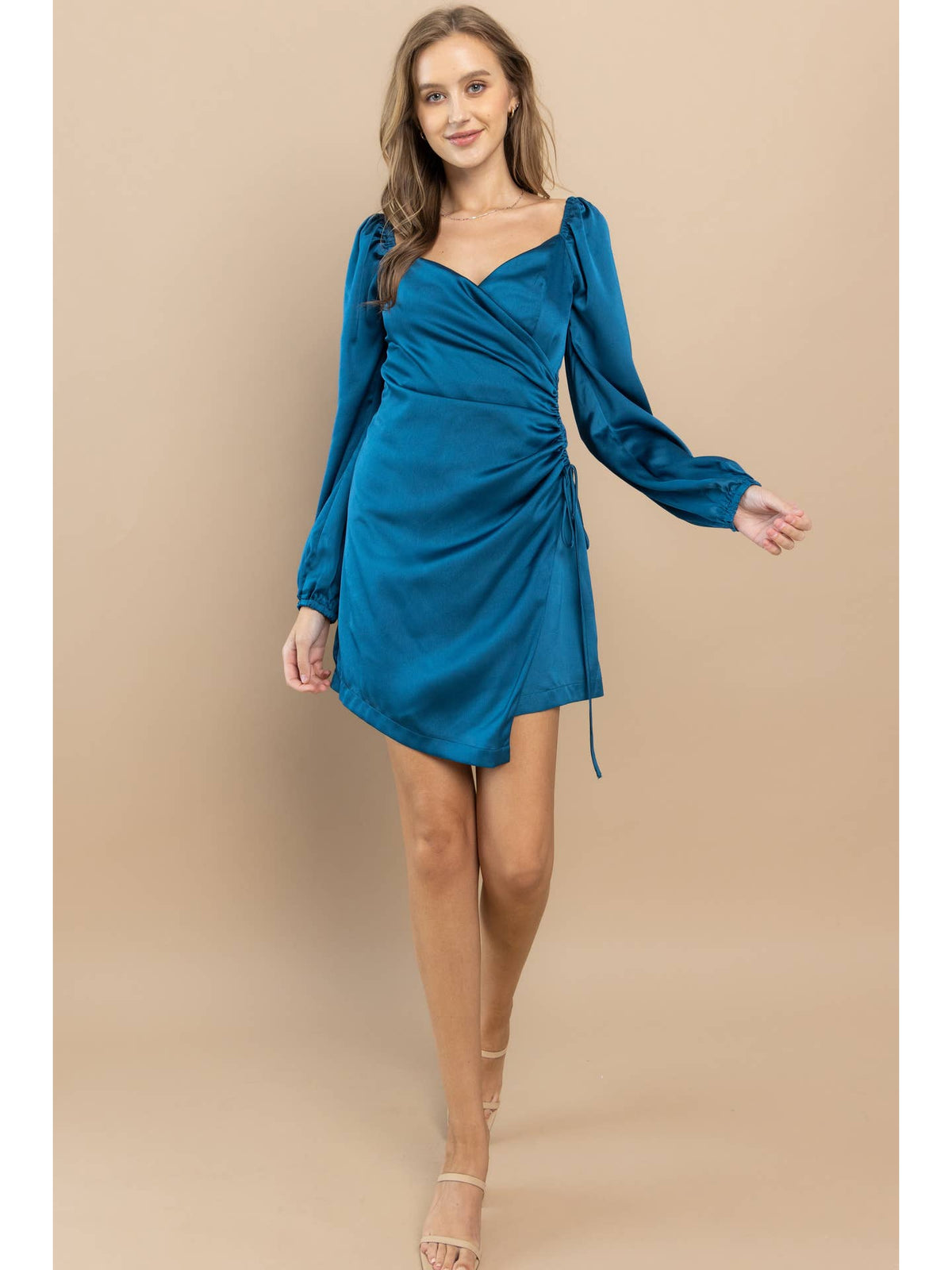 Vestido Mini Envolvente Fruncido de Satén Verde Azulado